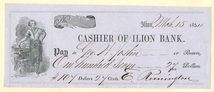 Ilion Bank check signed by E. Remington II or Jr. - Founder of Remington and Sons